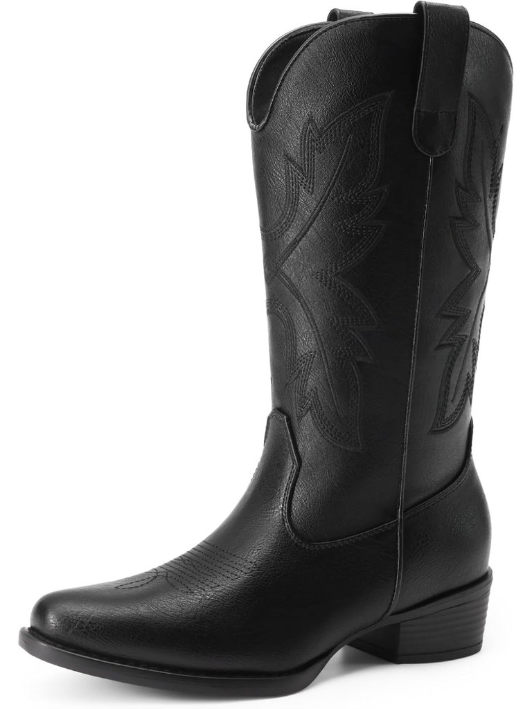 Women Cowgirl Western Mid Calf Black Snip Toe Embroidered Low Chunky Heel Boots